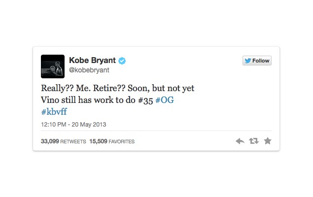 Kobe Bryant 於推特闢清退休傳言