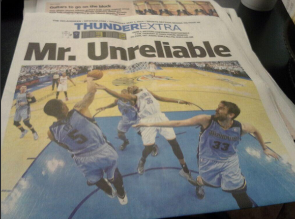 奧克拉荷馬當地報社稱呼 Kevin Durant 為「不可靠先生」
