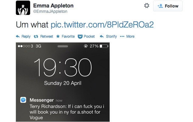 Facebook：「Terry Richardson 並沒有傳送那訊息給 Emma Appleton。」