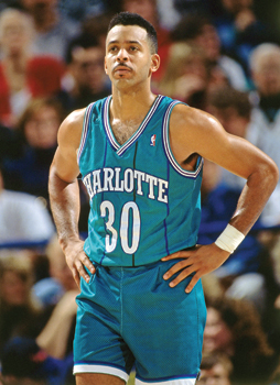 SACRAMENTO, CA - DECEMBER 4: Dell Curry #30 of the Charlotte Hornets looks on against the Sacramento Kings on December 4, 1992 at Arco Arena in Sacramento, California. NOTE TO USER: User expressly acknowledges and agrees that, by downloading and or using this photograph, User is consenting to the terms and conditions of the Getty Images License Agreement. Mandatory Copyright Notice: Copyright 1992 NBAE (Photo by Rocky Widner/NBAE via Getty Images)