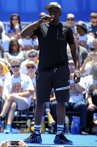 Jun 19, 2015; Oakland, CA, USA; Golden State Warriors forward Draymond Green (23) speaks during the Golden State Warriors 2015 championship celebration at the Henry J. Kaiser Convention Center. Mandatory Credit: Kelley L Cox-USA TODAY Sports