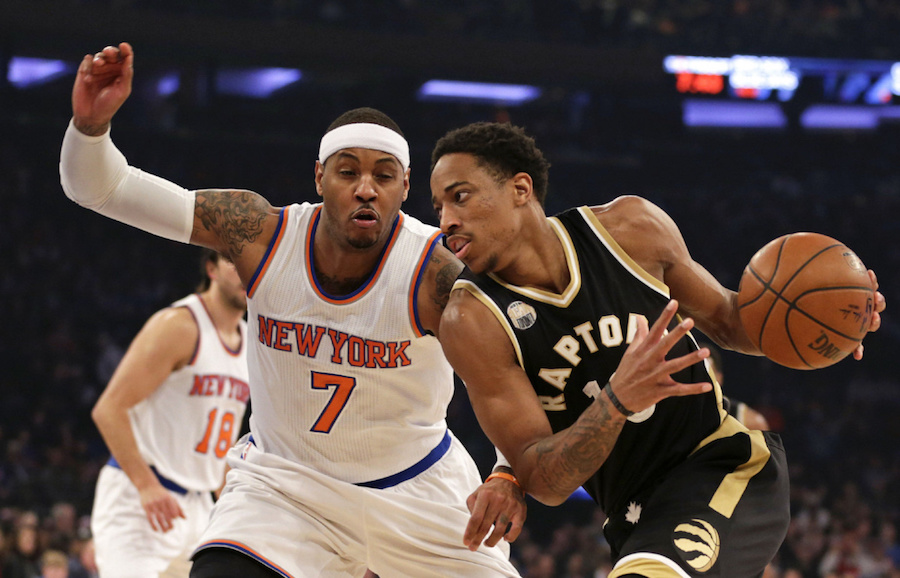 Apr 10, 2016; New York, NY, USA; Toronto Raptors guard DeMar DeRozan (10) drives to the basket past New York Knicks forward Carmelo Anthony (7) during the first half at Madison Square Garden. Mandatory Credit: Adam Hunger-USA TODAY Sports